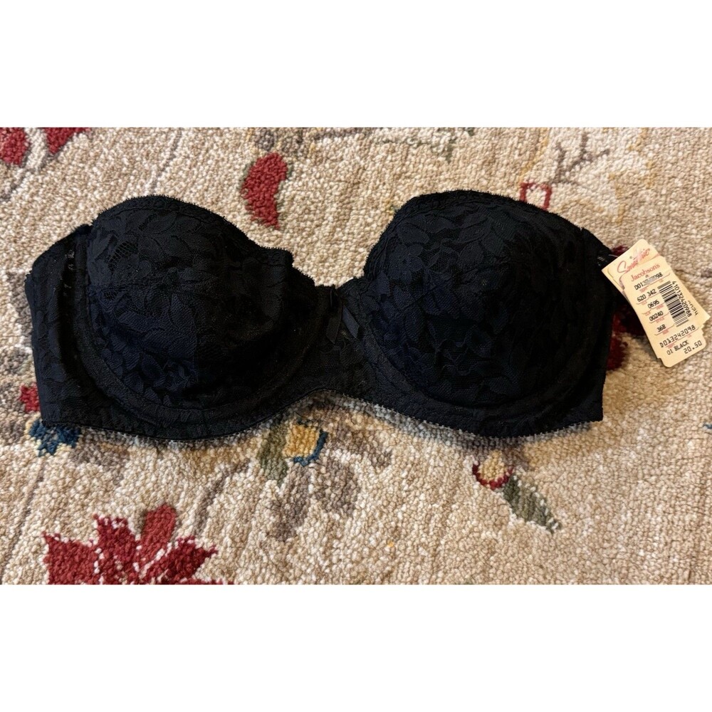 Vintage Strapless Fleur de Lace by Smoothie Bra Size 36B Black Underwired